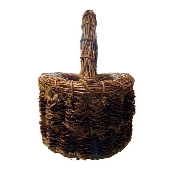 Handcrafted Pine Cone Moss and Wicker Basket With Handle Fairy Flower 10x6 - Picture 2 of 7